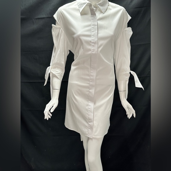 Milly Size 8 Open Shoulder, Open Back, Button Up Shirt Dress with Tie White - Picture 2 of 8